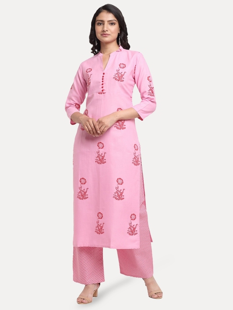 

KALINI Women Pink Floral Printed Regular Pure Cotton Kurta with Palazzos