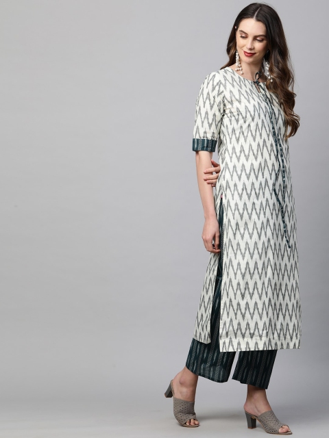 

KALINI Women Off White & Green Regular Pure Cotton Kurta with Trousers