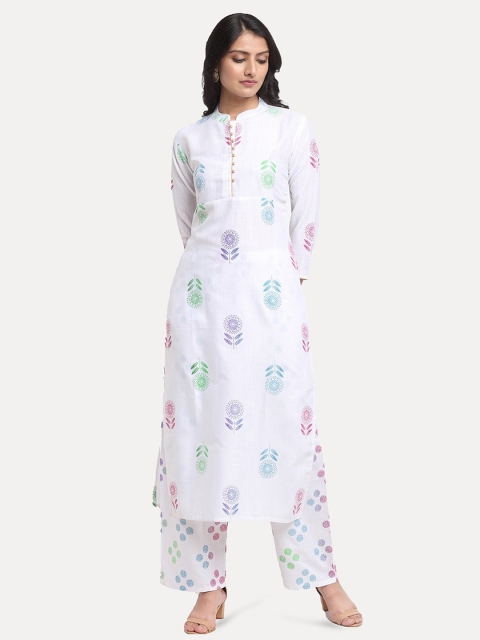 

KALINI Women White Floral Printed Regular Pure Cotton Kurta with Trousers
