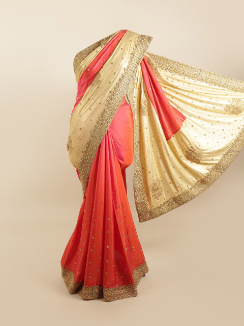

Pothys Gold-Toned & Pink Floral Beads and Stones Silk Blend Saree