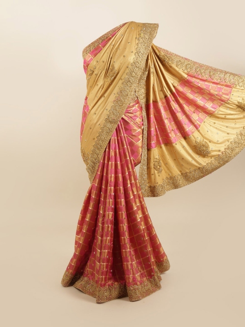 

Pothys Pink & Gold-Toned Embellished Silk Blend Saree
