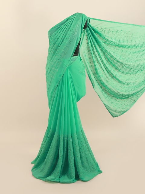 

Pothys Sea Green & Gold-Toned Floral Beads and Stones Silk Blend Saree