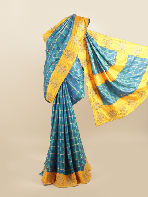 

Pothys Blue & Yellow Checked Silk Blend Saree