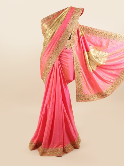 

Pothys Pink & Gold-Toned Embellished Silk Blend Saree