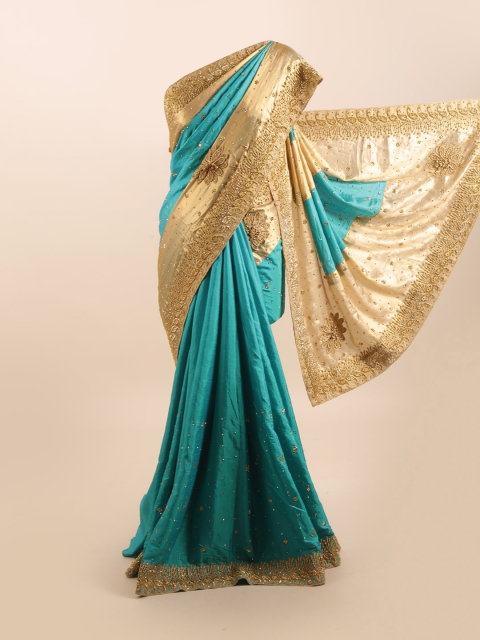 

Pothys Blue & Gold-Toned Colourblocked Silk Blend Saree