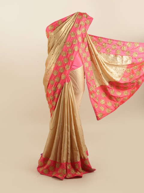 

Pothys Gold-Toned & Pink Embellished Silk Blend Saree