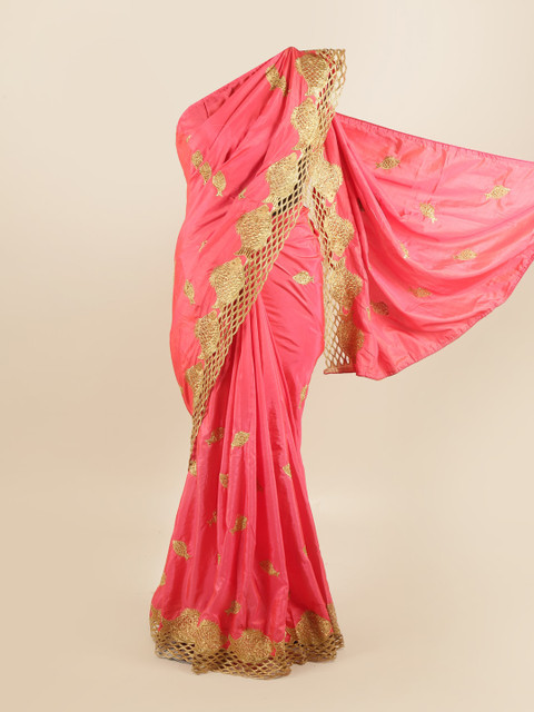 

Pothys Pink & Gold-Toned Embellished Silk Blend Saree