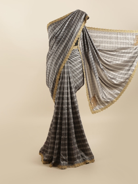 

Pothys Grey & Black Checked Beads and Stones Silk Blend Saree