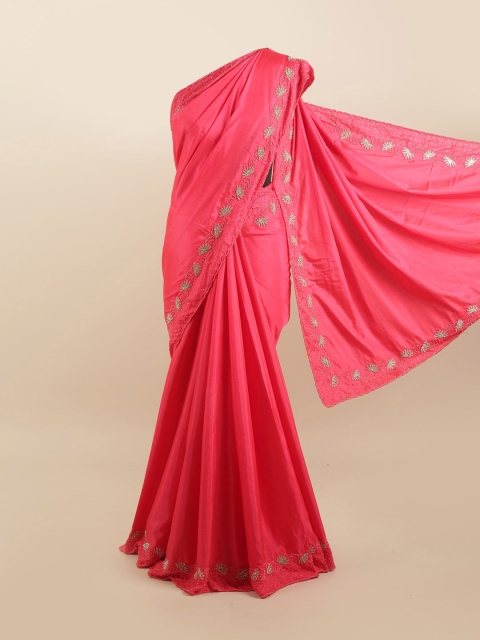 

Pothys Pink & Silver-Toned Floral Beads and Stones Silk Blend Saree