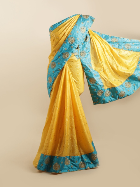 

Pothys Yellow & Turquoise Blue Embellished Silk Blend Saree