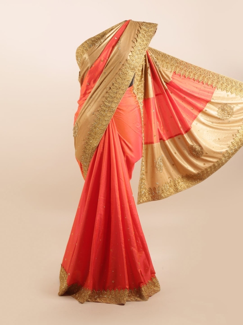 

Pothys Orange & Gold-Toned Colourblocked Silk Blend Saree