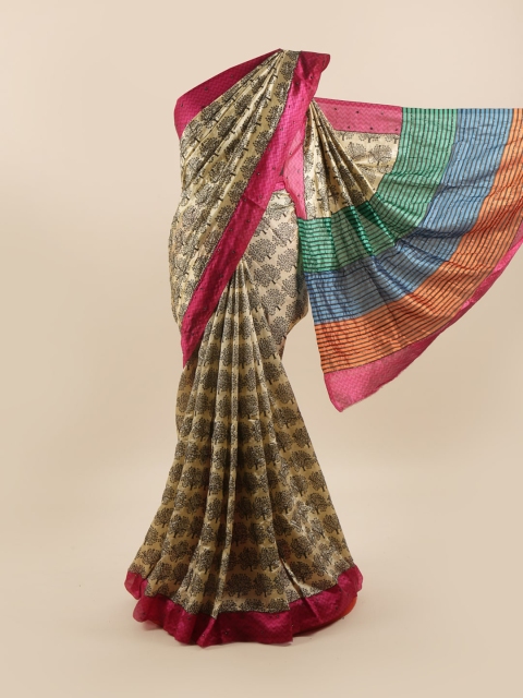 

Pothys Cream-Coloured & Pink Floral Beads and Stones Pure Silk Saree
