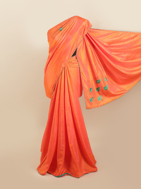 

Pothys Orange & Green Floral Embroidered Silk Blend Saree