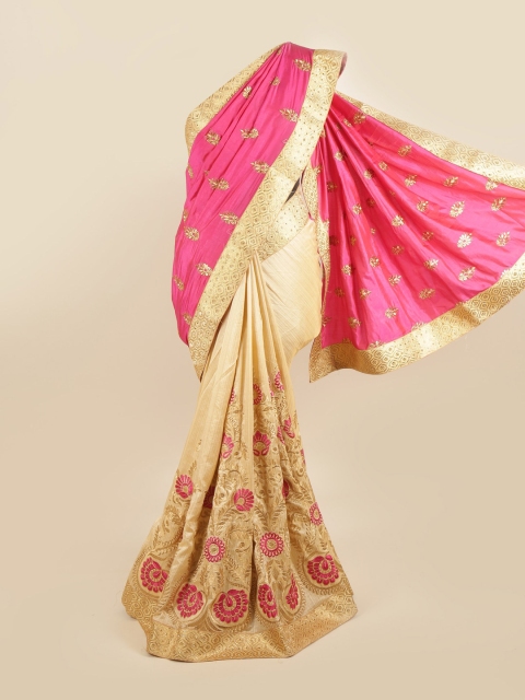

Pothys Pink & Gold-Toned Embellished Silk Blend Half and Half Saree