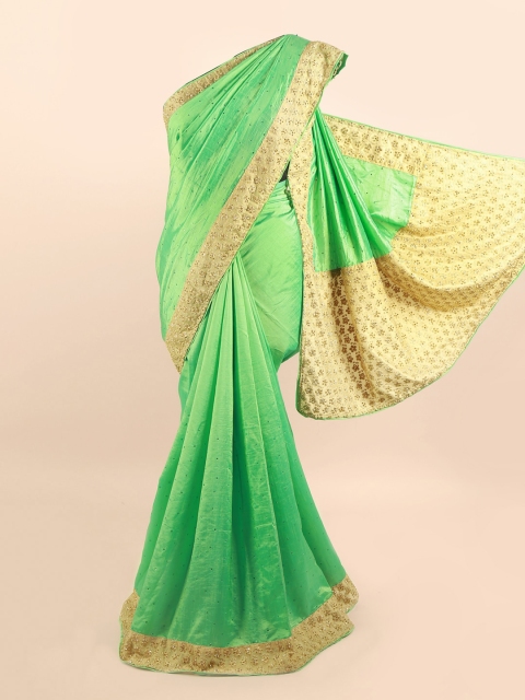 

Pothys Green & Beige Embellished Beads and Stones Silk Blend Saree