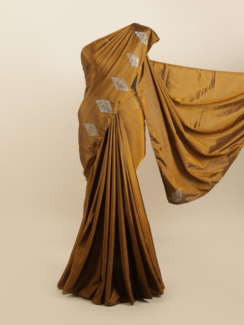 

Pothys Olive Green & Silver-Toned Embellished Beads and Stones Silk Blend Saree