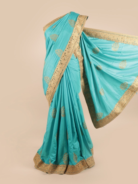 

Pothys Blue & Gold-Toned Ethnic Motifs Embroidered Silk Blend Saree