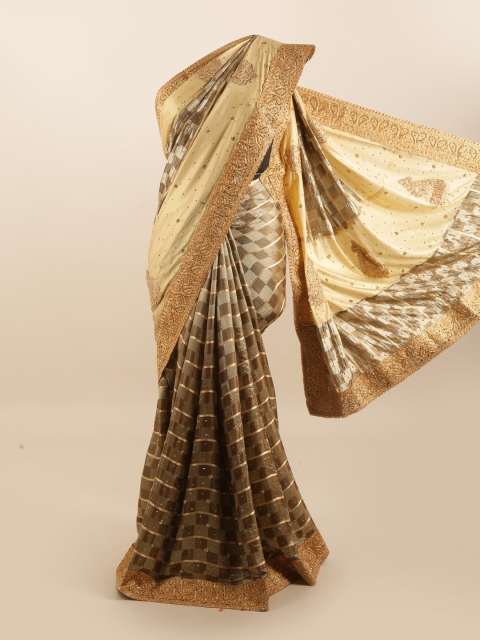 

Pothys Gold-Toned & Beige Checked Beads and Stones Silk Blend Saree