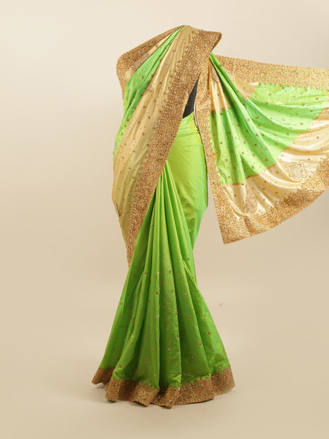 

Pothys Green & Brown Embellished Beads and Stones Silk Blend Saree