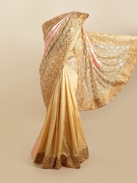 

Pothys Gold-Toned & Pink Colourblocked Silk Blend Saree