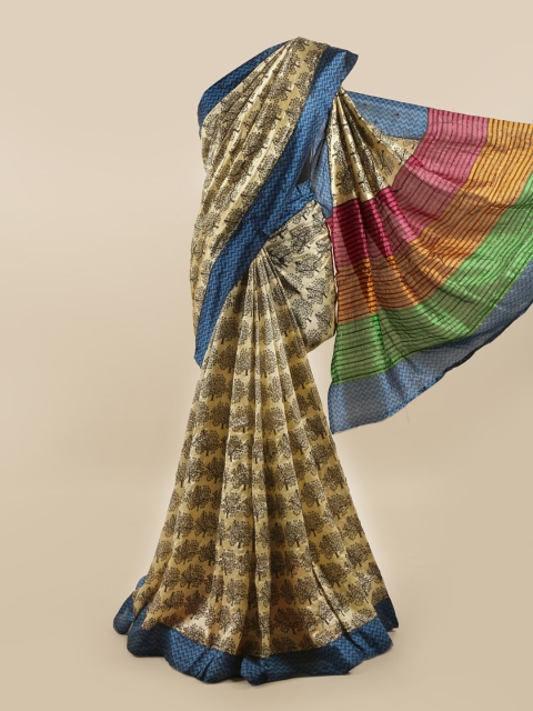 

Pothys Cream-Coloured & Blue Floral Pure Silk Saree