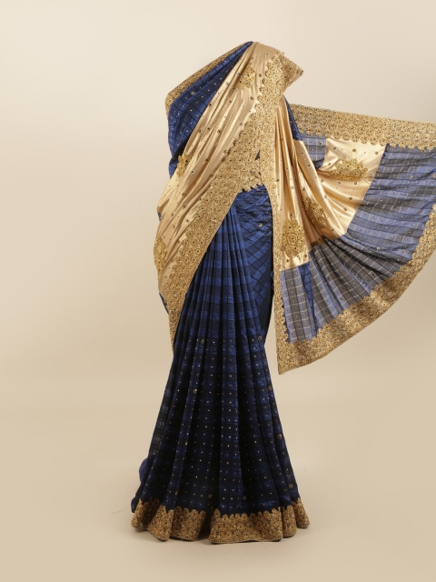 

Pothys Blue & Gold-Toned Checked Silk Blend Saree