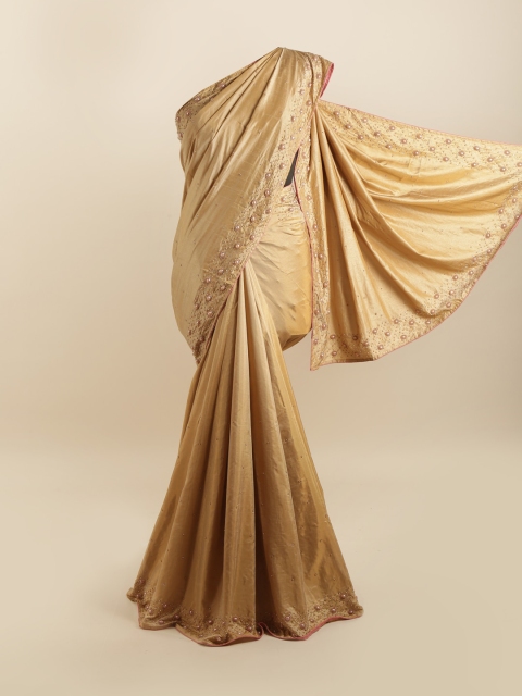 

Pothys Tan & Gold-Toned Embellished Beads and Stones Silk Blend Saree