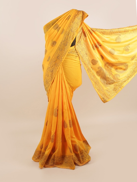 

Pothys Yellow & Grey Floral Silk Blend Saree