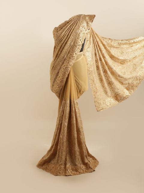 

Pothys Tan & Gold-Toned Embellished Beads and Stones Silk Blend Saree