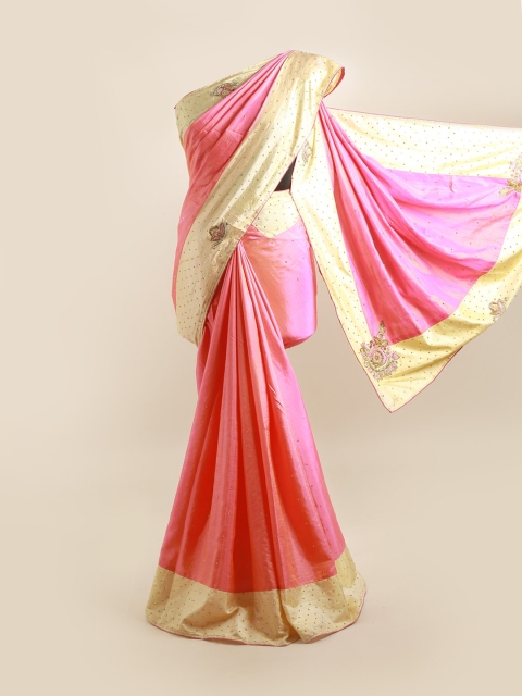 

Pothys Pink & Cream-Coloured Embellished Beads and Stones Silk Blend Saree