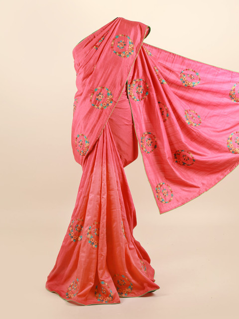 

Pothys Pink & Turquoise Blue Floral Embroidered Silk Blend Saree