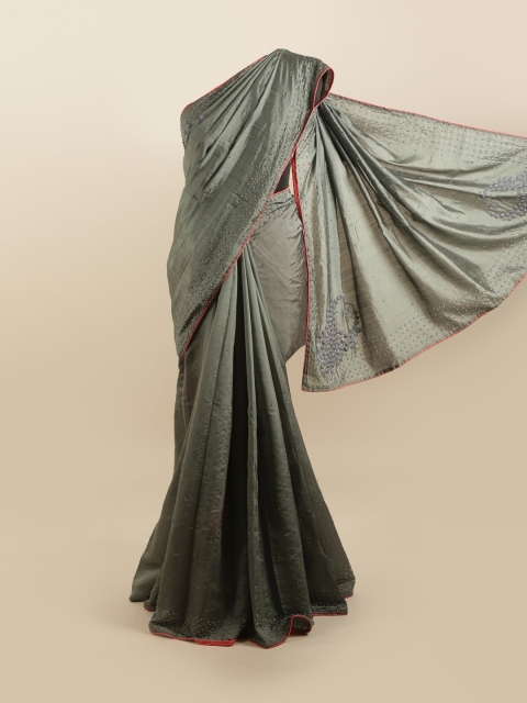 

Pothys Grey & Pink Embellished Beads and Stones Silk Blend Saree