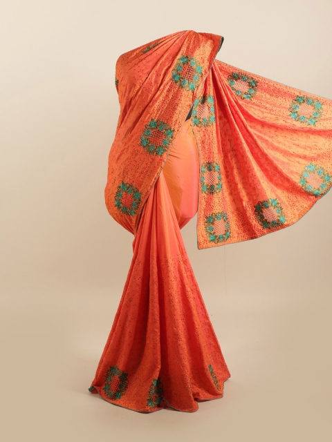 

Pothys Orange & Sea Green Embellished Silk Blend Saree