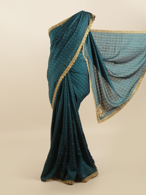 

Pothys Green & Gold-Toned Checked Silk Blend Saree