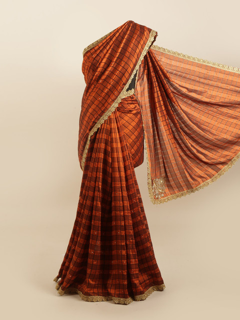 

Pothys Rust Brown & Black Checked Silk Blend Saree