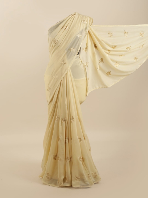 

Pothys Cream-Coloured & Gold-Toned Floral Silk Blend Saree