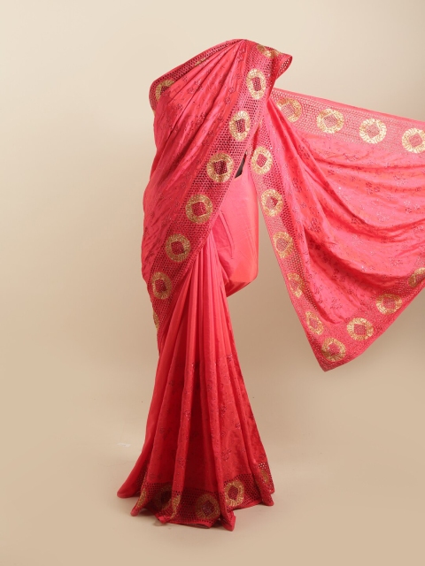 

Pothys Pink & Gold-Toned Floral Beads and Stones Silk Blend Saree