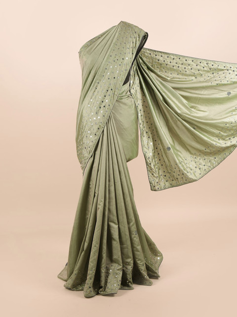 

Pothys Green & Grey Mirror Work Silk Blend Saree