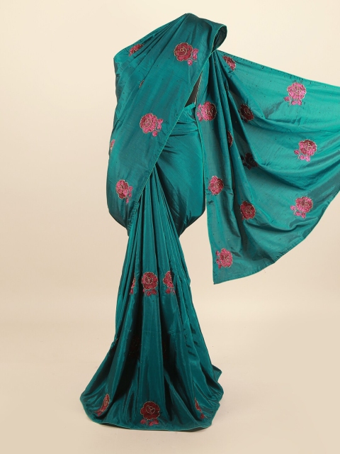 

Pothys Teal Green & Pink Floral Embroidered Silk Blend Saree