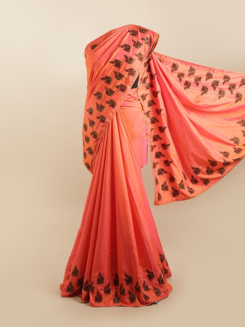 

Pothys Pink & Brown Floral Mirror Work Silk Blend Saree
