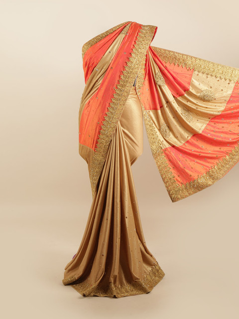

Pothys Gold-Toned & Orange Silk Blend Saree