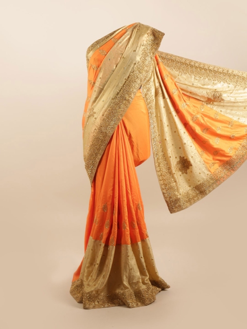 

Pothys Orange & Gold-Toned Embellished Beads & Stones Silk Blend Saree