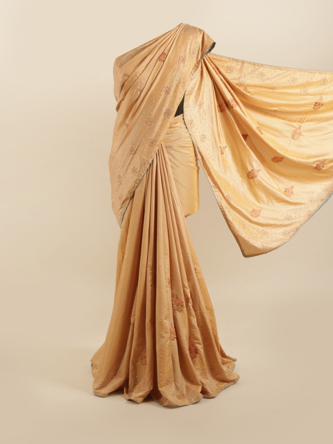 

Pothys Peach-Coloured & Gold-Toned Floral Silk Blend Saree