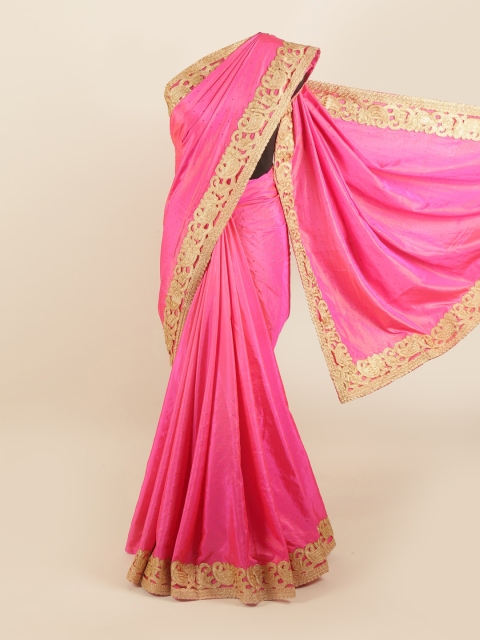 

Pothys Pink & Gold-Toned Beads & Stones Silk Blend Saree