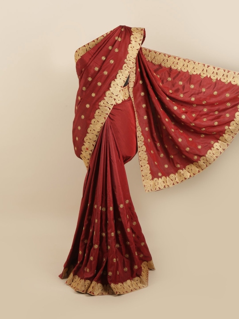 

Pothys Maroon & Gold-Toned Floral Silk Blend Saree