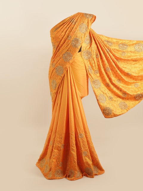 

Pothys Yellow & Gold-Toned Floral Mirror Work Silk Blend Saree