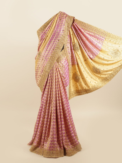 

Pothys Gold-Toned & Pink Embellished Beads & Stones Silk Blend Saree