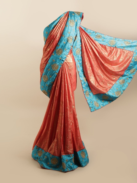 

Pothys Pink & Turquoise Blue Embellished Silk Blend Saree