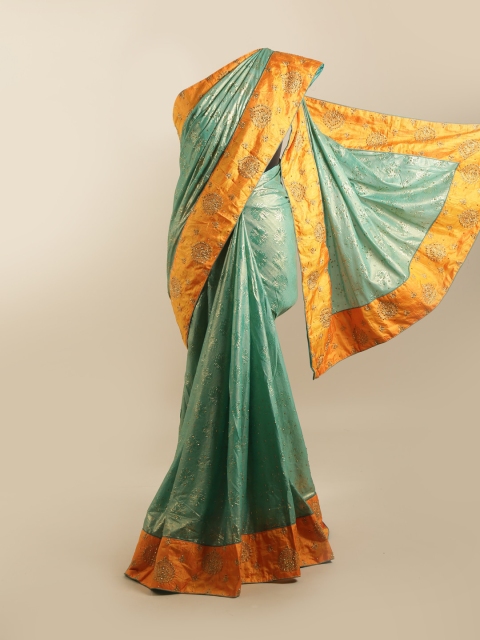

Pothys Green & Orange Ethnic Motifs Silk Blend Saree