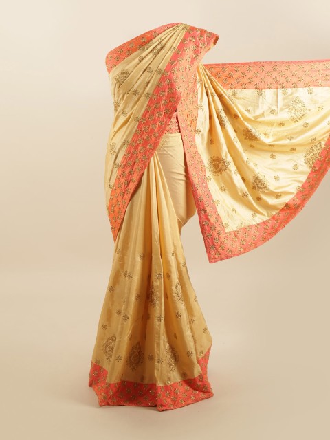 

Pothys Gold-Toned & Pink Floral Beads and Stones Silk Blend Saree